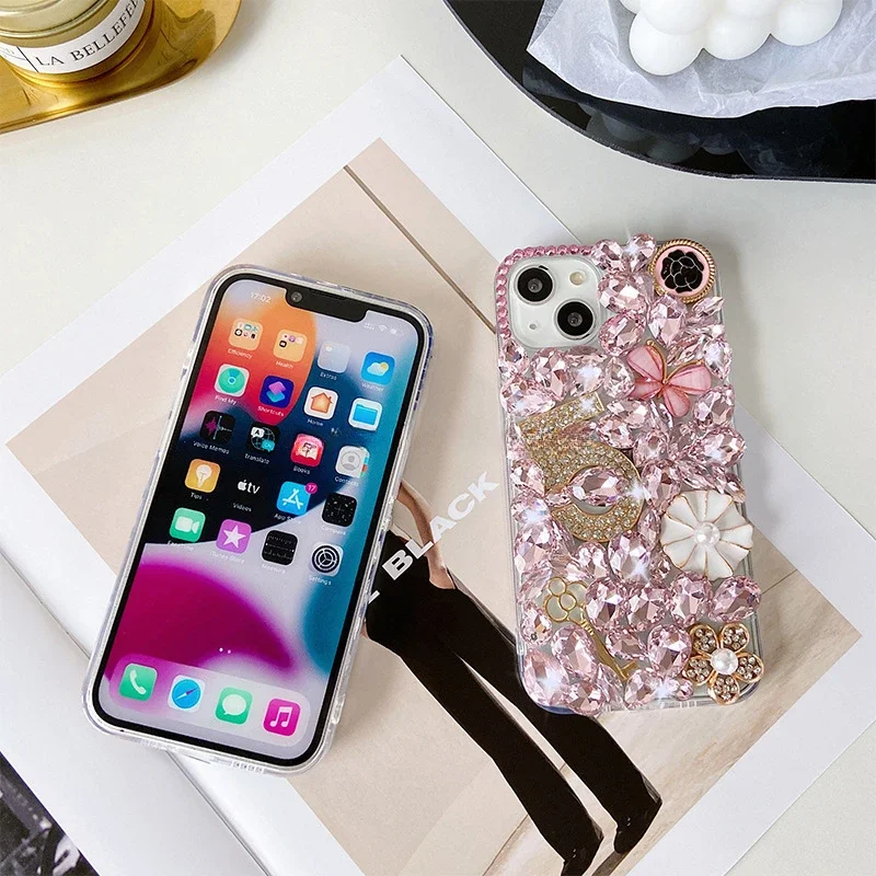 Diamond Rhinestone Pearl Flower Decoration Design Smart Cell Phone Case for Iphone 15 14 13 12 11 Pro MAX XR Series