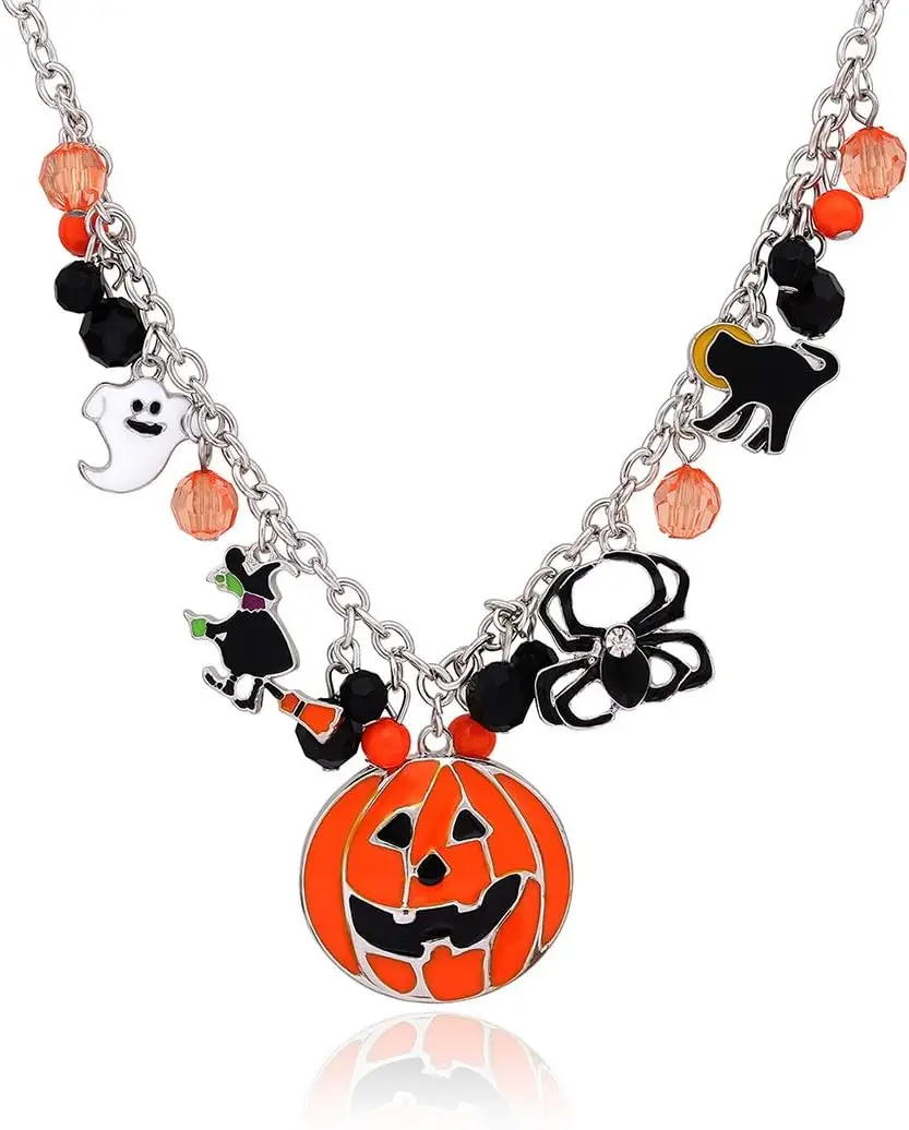 

Halloween Black Spider Orange Pumpkin Pendant Necklace Witch Cat CharmsGhost Long Chain Necklaces for Women Girls Party