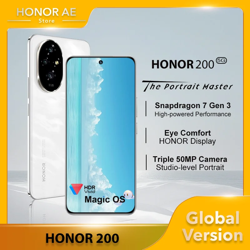 Smartphone HONOR 200 Snapdragon 7 Gen 3 Studio-level Port Camera 6.7''AMOLED Eye Comfort Display 5200mAh Silicon-carbon Battery