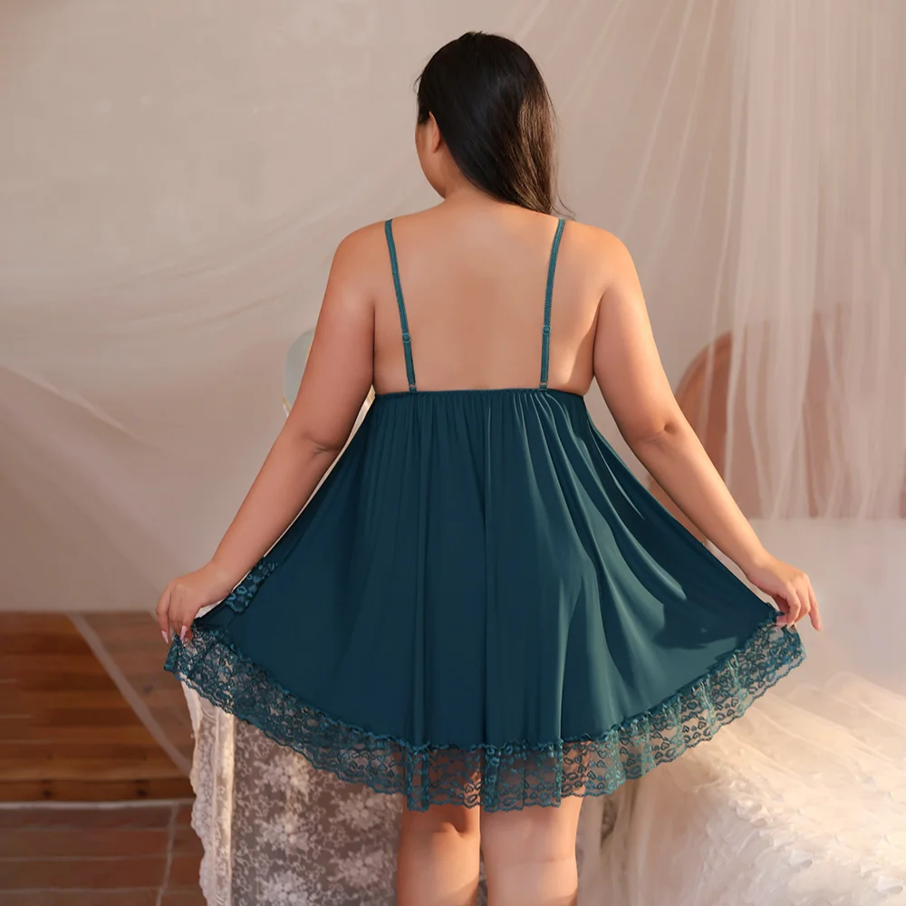 Plus Size Teal Lace Babydoll Lingerie Dress - Sexy V-Neck Spaghetti Strap Nightgown, Sheer Mesh Sleepwear for Curvy Women view 2