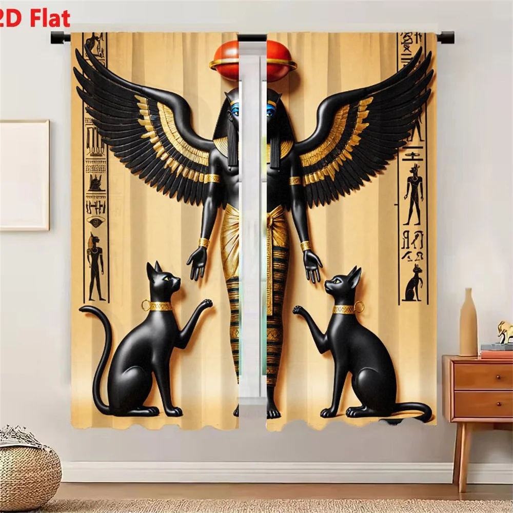 2Pcs Curtains 2D Flat Ancient Egyptian Style Black Skin Winged Figure Statue with Golden Attire and Blue Headdress Flanked by Bl