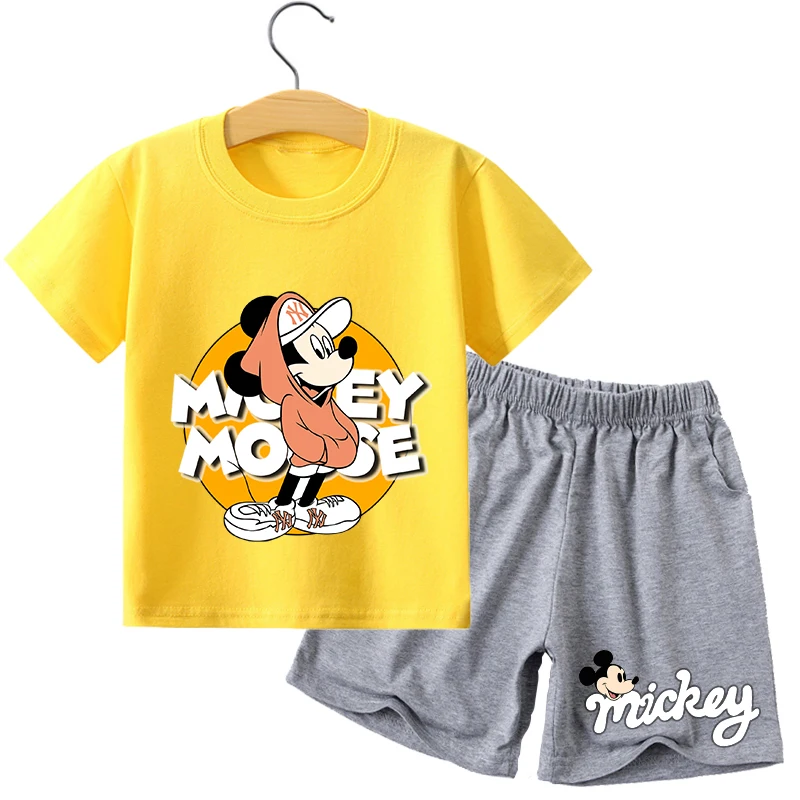 Disney Mickey Minnie Mouse Kids T-shirt Shorts Set Fashion Anime Tops Pants Suit Cute Print Boys Girls Clothes Short Sleeve Tees