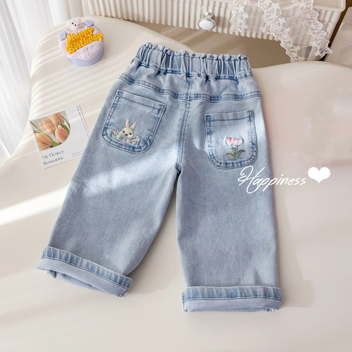 

Kids Girls Blue Denim Pants Embroidery Rabbit Pattern Soft Straight Ankle-Length Trousers 1-6Y Children All-match Wide Leg Jeans