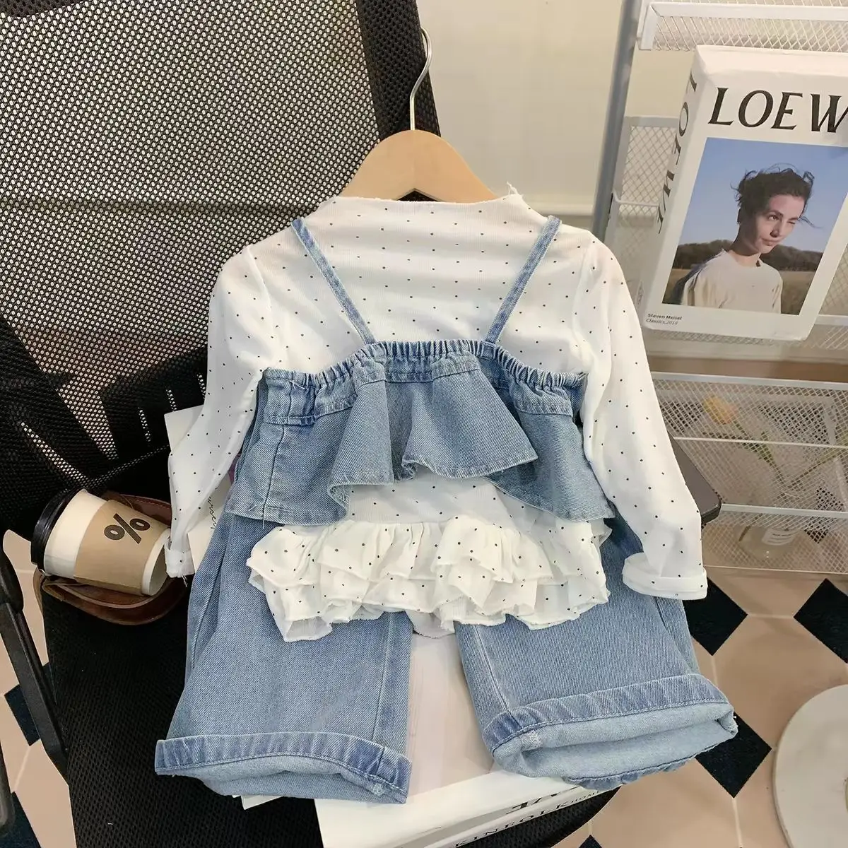 Girls 3-Piece Set – Sleeveless Top, Denim Base Layer & Wide Leg Pants, Casual Kids Outfit with Patchwork Design