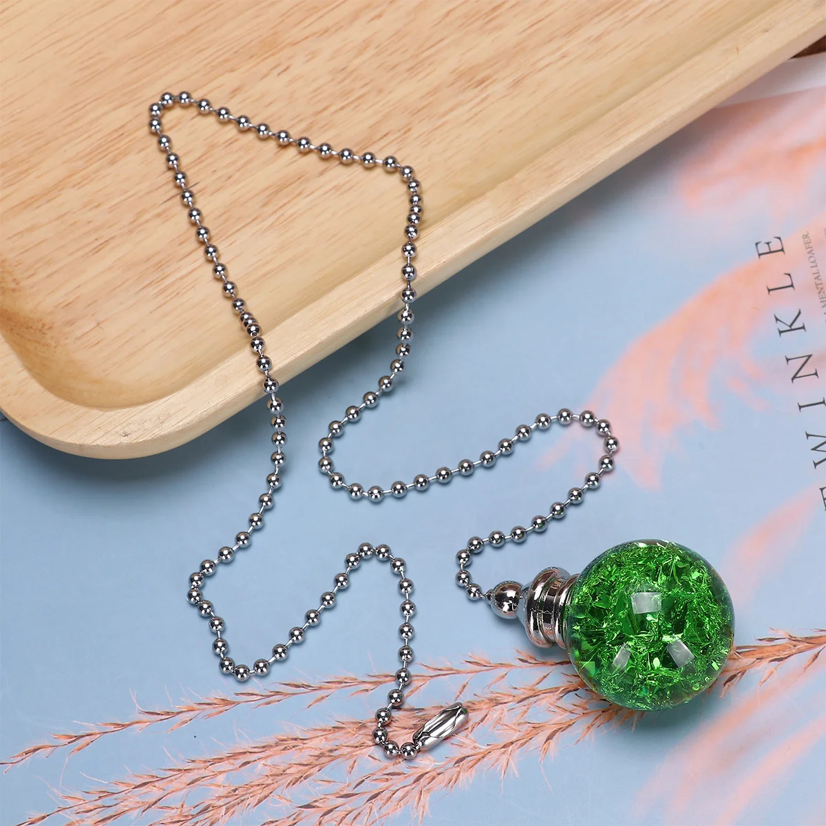 قلادة كرة كريستال خضراء متصدعة لمروحة السقف، سلسلة سحب بديلة لسطح أملس عالي التحمل، مصباح ديكور معلق #3