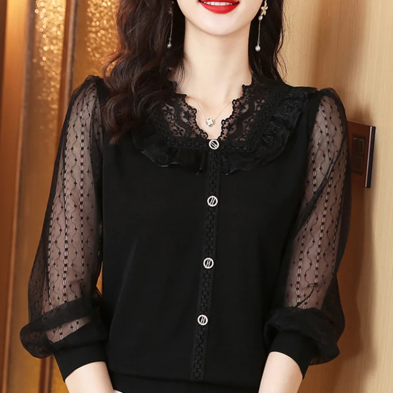 #2546 Black Office Blouse Women Sexy Office Vintage Tops And Blouses Long Sleeve Buttons Ruffles V-neck Short Blouse Slim Spring