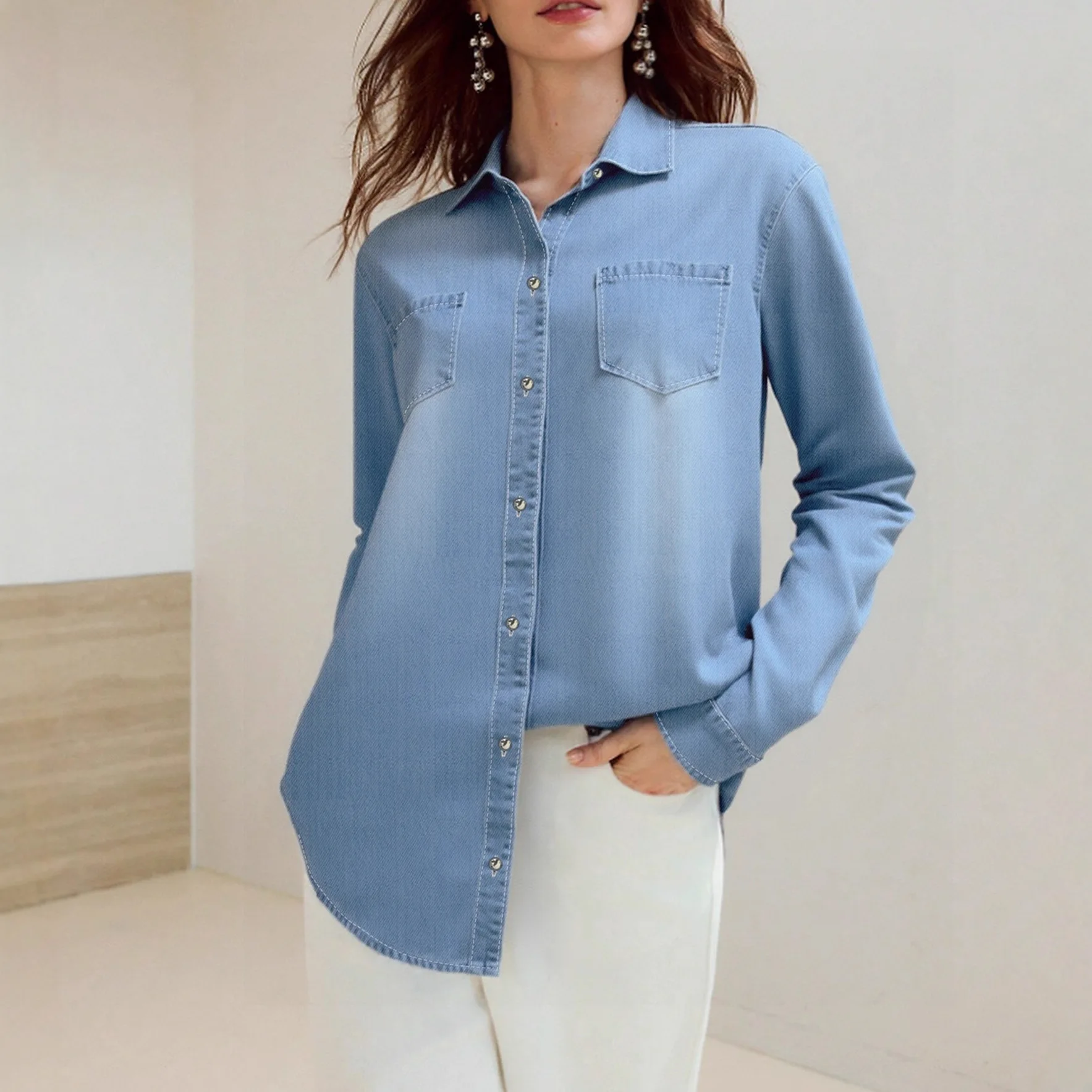

Европейские и американские новые модные женские простые повседневные модные свободные простые джинсовые рубашки с отложным воротником и длинными рукавами, женские топы