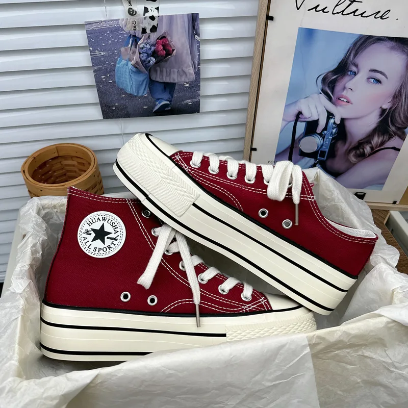 

Women Vulcanized Shoes Versatile High Top Canvas Shoes Thick Soled High End Design High Rise Low Top Sponge Cake Shoes