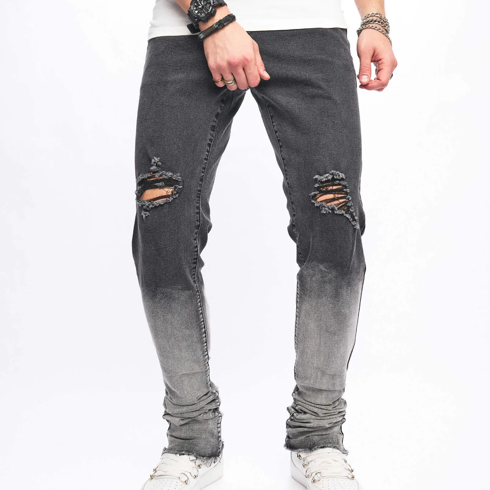 

Fashion Gradient Color Jeans Men High Street Holes Slim Stretch Jeans Male Ripped Distressed Denim Pants 2024 Men's Trousers