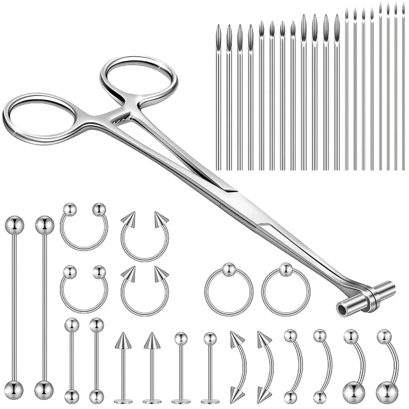 41pcs Body Piercing Tool Kit Include Septum Forceps Clamp Pliers 20Pcs 316L Stainless Steel Piercing Needles And 20Pc Jewelryset