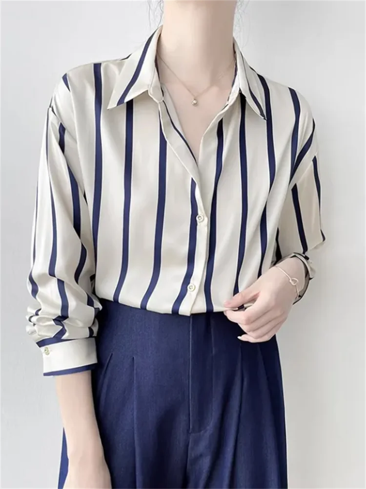 High Quality Satin Blouse Women Shirt Striped Shirt For Women Fashion Shirt OL Laple Long Sleeve Woman Clothes Blous Basic Shirt