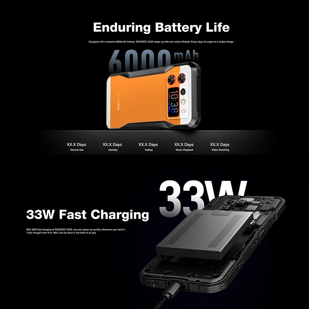 DOOGEE V20S Rugged 5G Smartphones Octa Core 12GB+256GB 6.34Inch FHD Android 13 Mobile Phone 50MP Camera 6000mAh 33W Charging NFC