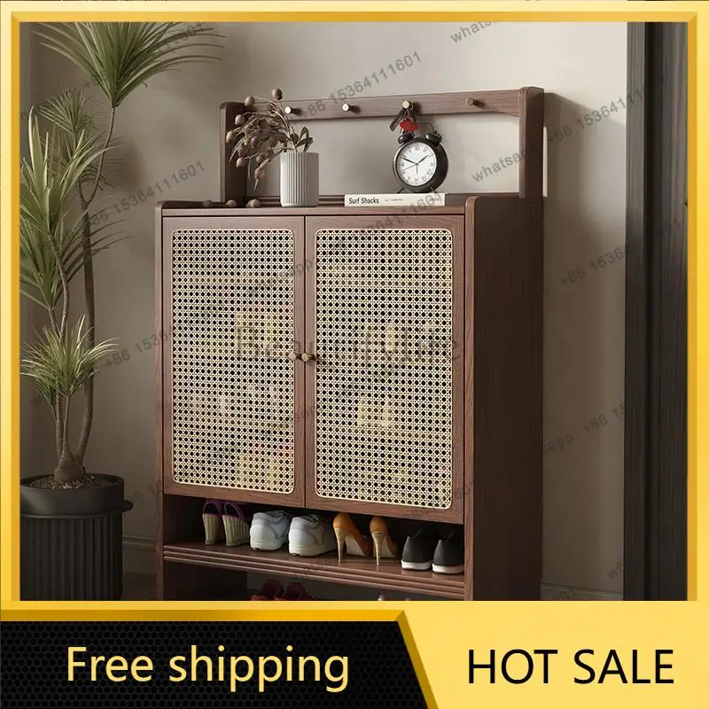 YJ Mid‑Century Solid Wood Rattan Shoe Cabinet Wall‑Mount Entryway Home Storage Cabinet For Doorway Shoe Organizer Furniture