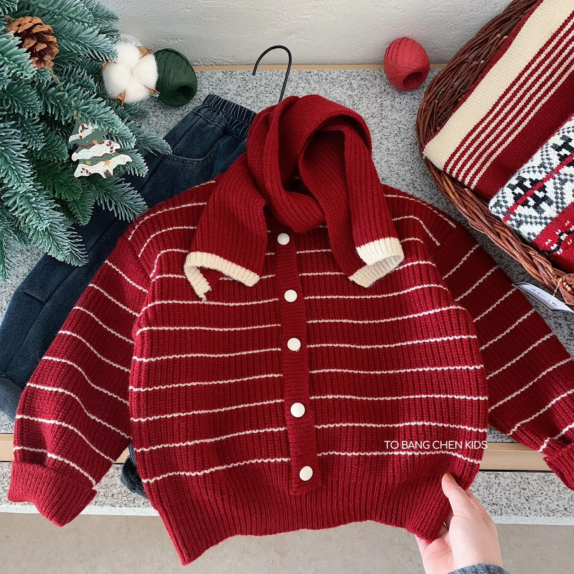

Toddler Boys Knitwear Winter Striped Thick Warm Kids Baby Boy Sweater Single Button Closure Little Boy Versatile Pullovers+Scarf