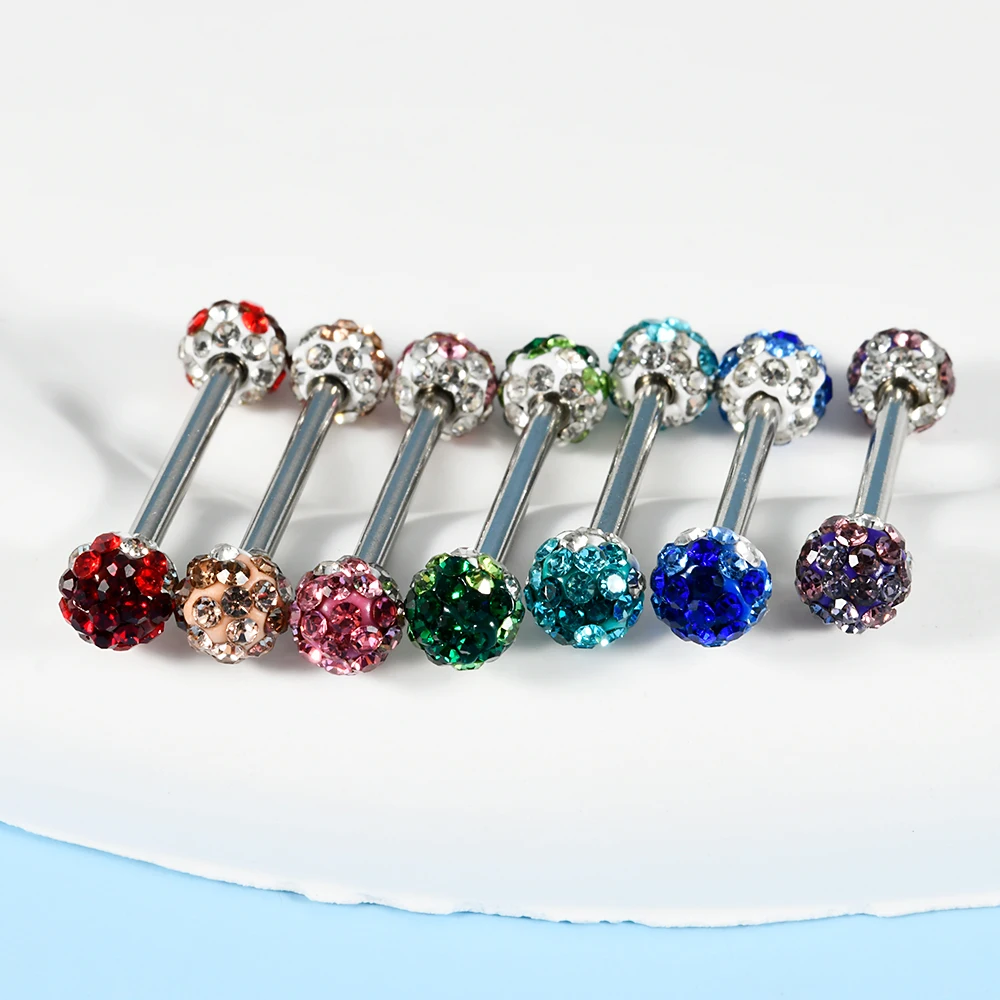 1PC Stainless Steel Double Balls Belly Button Ring Full Zircon Tongue Barbell Rings External Threaded Piercing Body Jewelry 14G