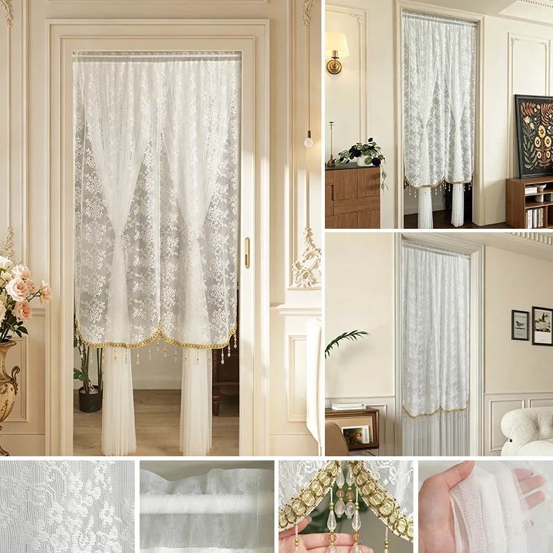 White Sheer Lace Window Curtain with Tassel Light Filtering Door Drape Room Divider Curtain for Bedroom Living Room Home Decor