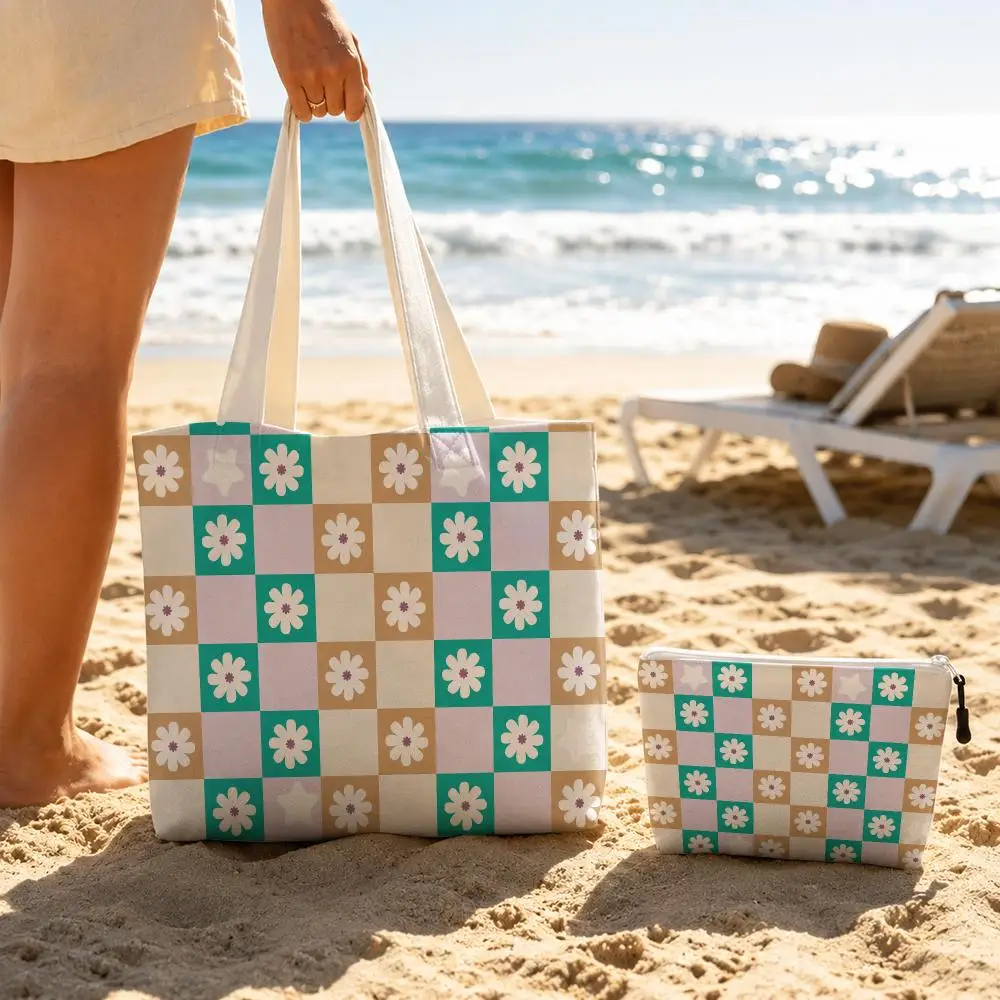 Checkered Flower Pattern Storage Bags 2-Piece Double-Sided Printed Canvas Tote Bag Set with Zipper Shoulder Bags Handbags