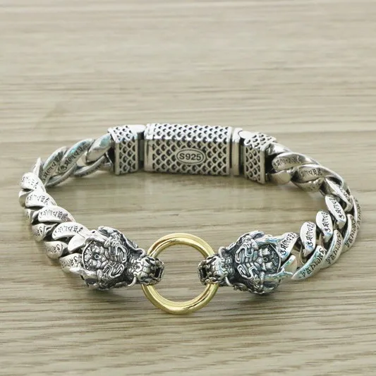 Handsome Ethnic Style S925 Silver Dominant Double Head Pure Silver Bracelet Thai Silver Retro Men's Thick Bracelet Personalized