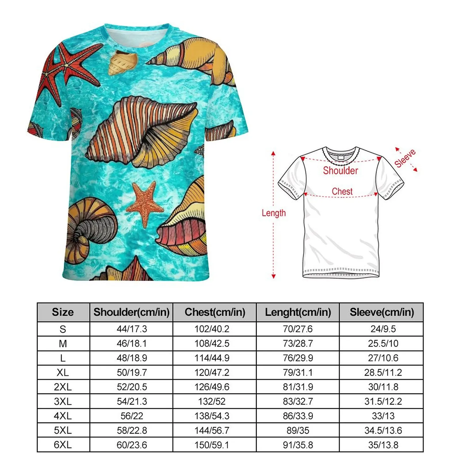 Oversized T Shirt Beach Sea Shells T-Shirts Nautical Ocean Shell Y2K Fun O Neck Tee Shirt Man Fashion Graphic Tees