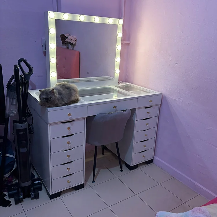 

Furniture Bedroom Dresser with Mirror and Light Emitting Diode Light Clear Glass Desktop Makeup Dresser