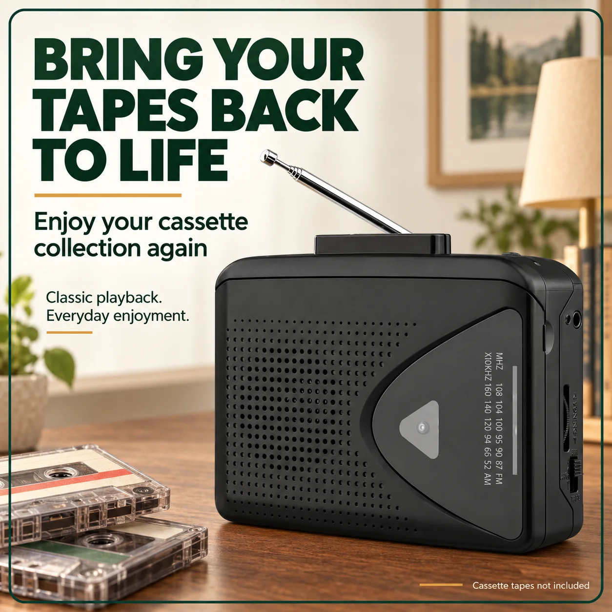 Portable Cassette Player AM FM Radio Built-in Speaker USB or AA Battery Powered Retro Tape Player for Home Travel