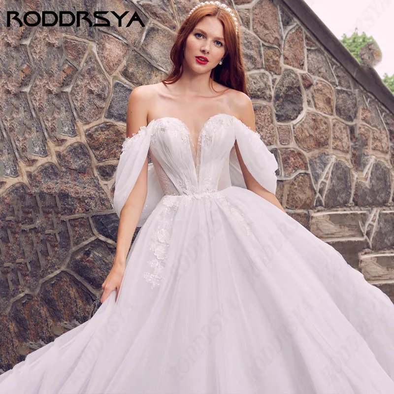 RODDRSYA Princesa Fora Do Ombro Tule Vestido De Noiva A linha Lace Querida Nupcial Festa Ilusão Zipper Voltar Vestido De Novia Princesa Fora Do Ombro Tule Vestido De Noiva A linha Lace Querida Nupcial Festa Ilusão Zipp