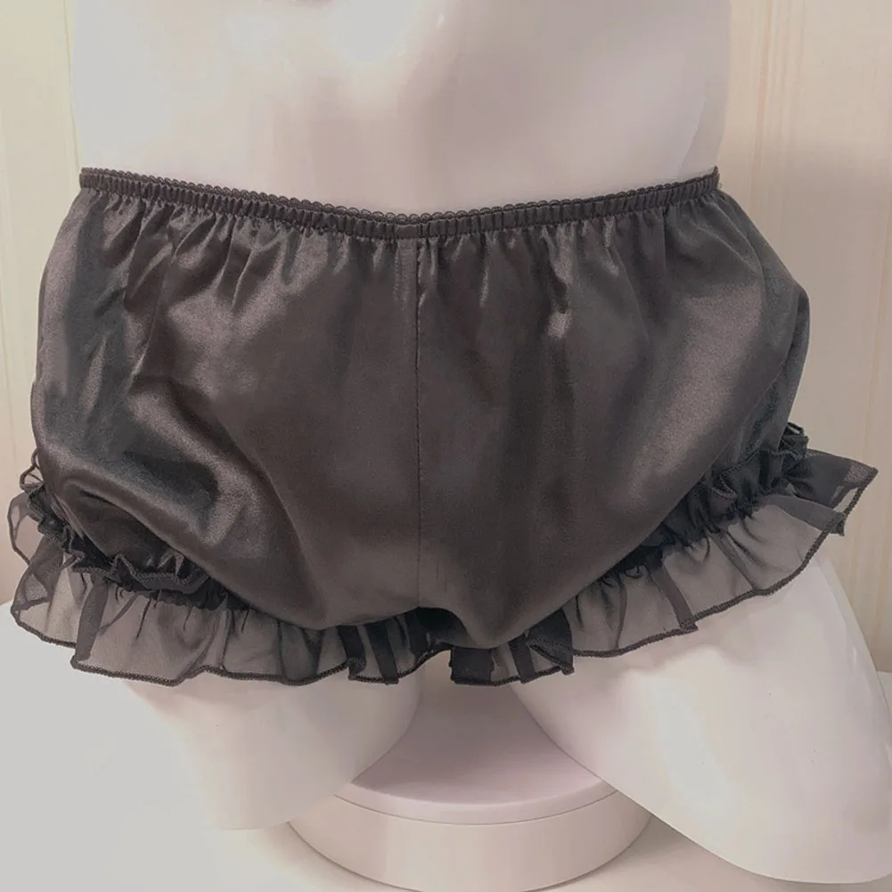 Men Sissy Briefs Satin Ruffled Bloomer Tiered Skirted Oil Shiny Elasticity Panties Smooth Solid Underwear Large Size Gay Thong