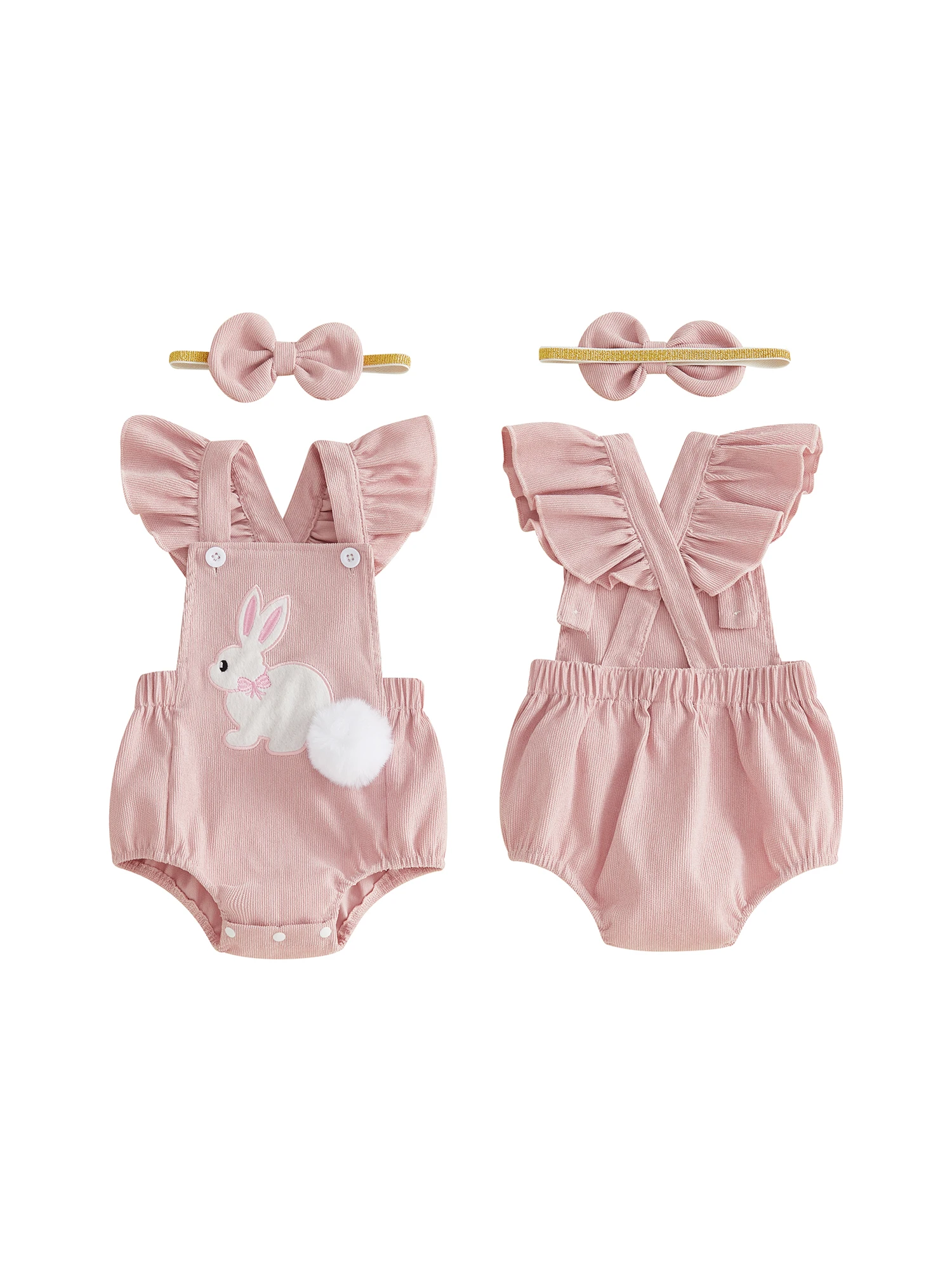 

Toddler Girl Floral Print Ruffle Sleeve Romper with Matching Bow Headband 2 Piece Set for Summer and Spring Celebrations