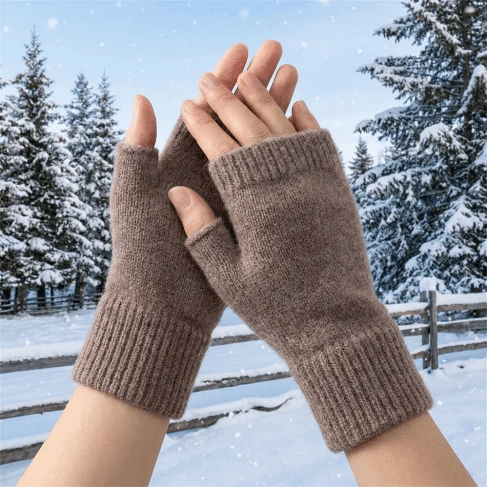 Cute Solid Color Knitted Gloves Wool Soft Half Finger Gloves Thermal Short Plush Mittens Outdoor