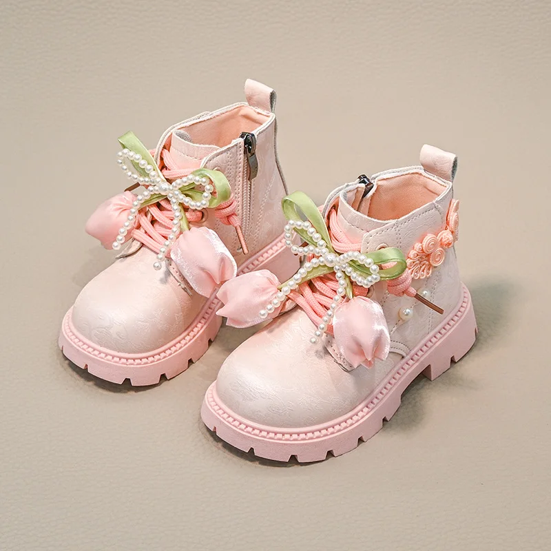

Весенне-осенние модные ботильоны для девочек, детские повседневные кожаные ботинки с милым цветком, детские ботинки принцессы для подиума в национальном стиле