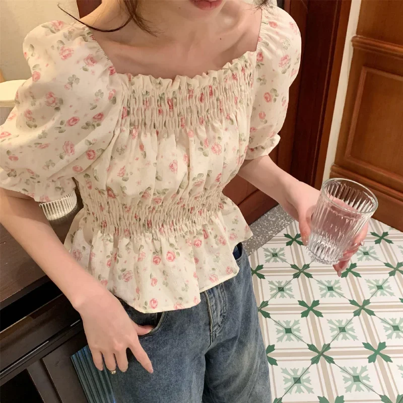 

Floral Blouses Women Slim Puff Sleeve Prairie Chic Crop Tops Vintage Sweetheart Thin Aesthetic French Style Folds Designed Daily