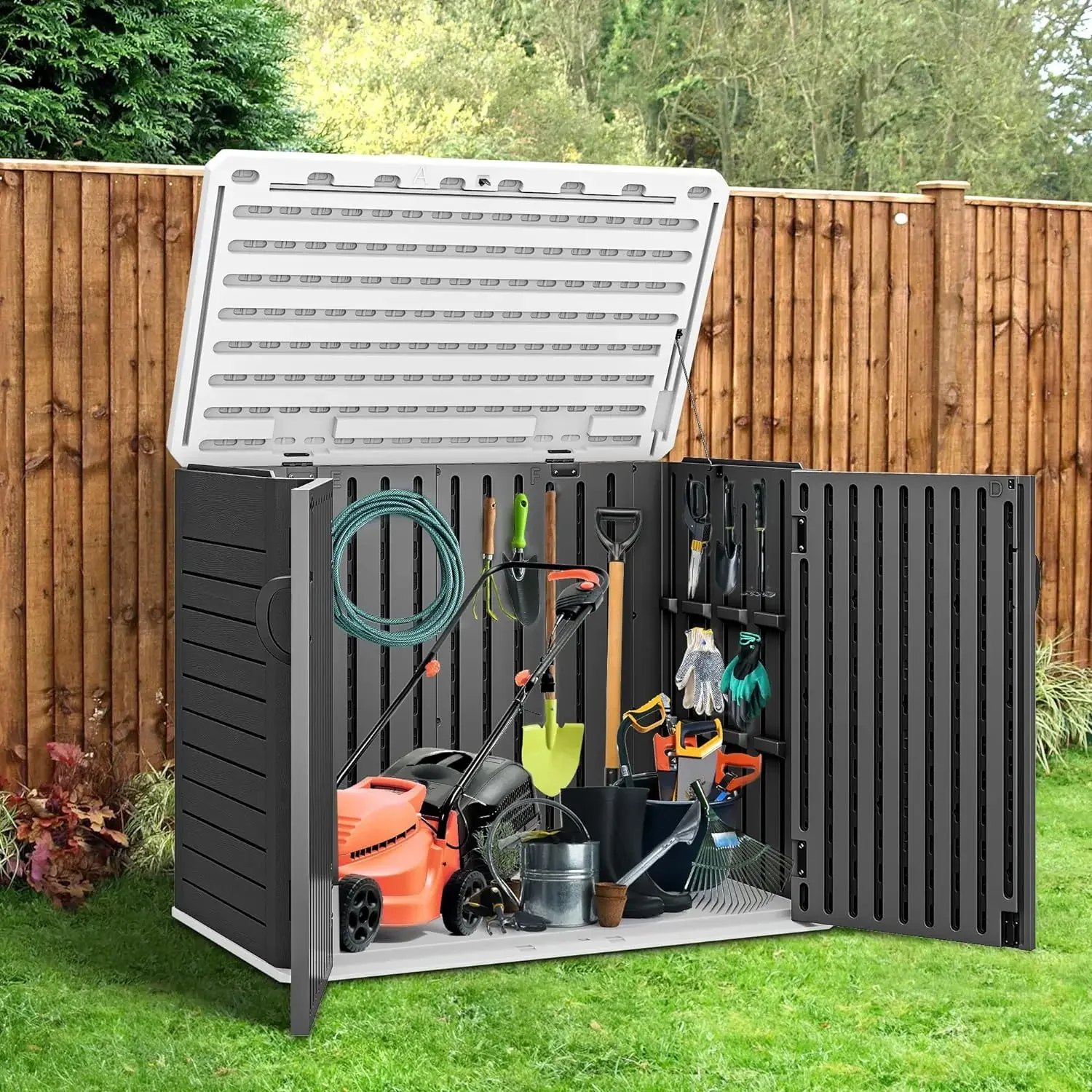 Outdoor Horizontal Storage Shed with X-Shaped Lockable Door, 35Cu Ft Weather Resistant Resin Tool Shed w/o Shelf, Ideal for Bike