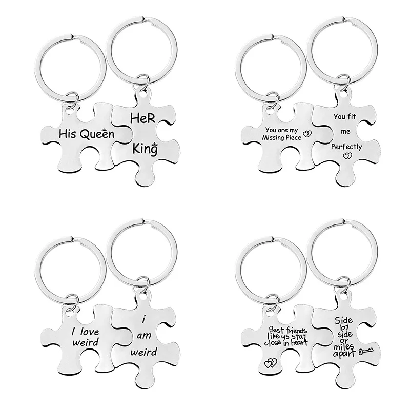 2Pcs/Set Letters Engraved Stainless Steel Keychains Couples Key Ring Puzzle Pendant Jewelry Gift For Valentine\'s Day