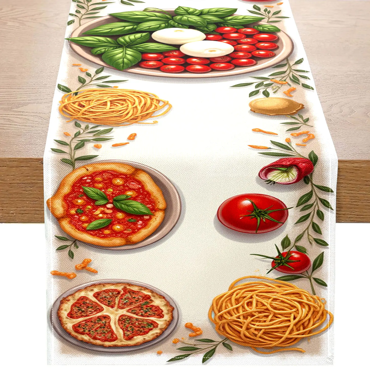 Camino de Mesa con Temática Gourmet Italiana, Pintado con Pizza, Pasta y Otros Alimentos y Plantas Verdes, Adecuado para Restaurantes Italianos