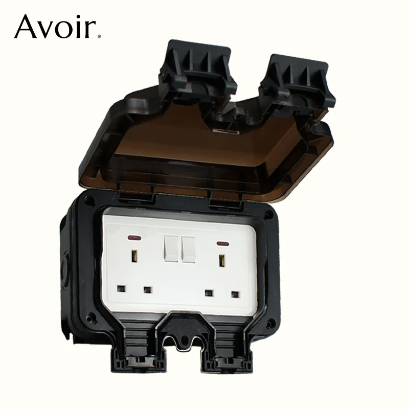 

Avoir 13A UK Standard Wall Power Socket IP66 Waterproof Black Outdoor Dual Electrical Outlets Dustproof Rainproof Protection Box