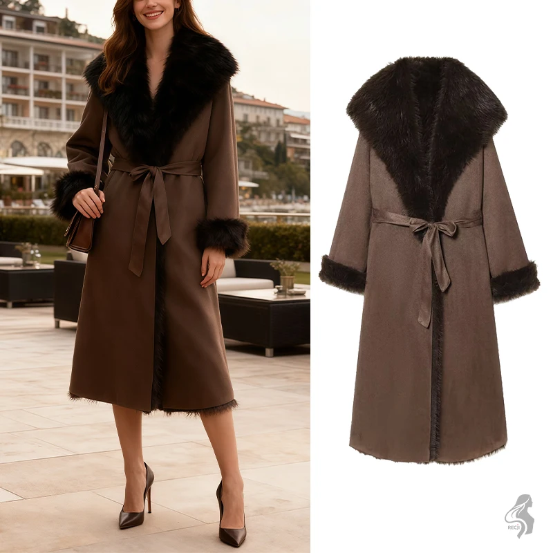 

Womens Fashion Faux Fur Effect Belted Coat Large Fur Collar Mid Length Coat With Belt Must Have Item For Autumn And Winter