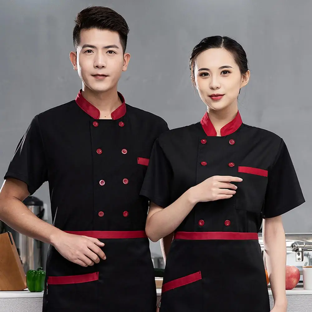 Kitchen Chef Uniform Bakery Food Service Cook Mesh Back Stand Collar Short Sleeve Shirt Breathable Double Breasted Chef Clothes