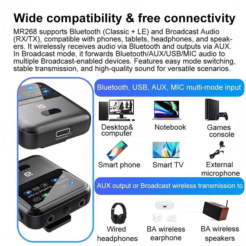 A73E-Bluetooth 5.4 Audio Transceiver LE Audio Adapter, Broadcast 1TX To 100+ RX Device Sharing, AAC/Aptx-AD/LC3, USB EU Plug