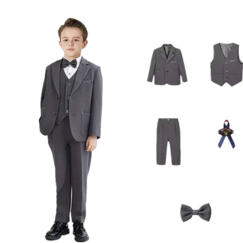 Boys Gary 5Pieces/Set Jacket Vest Pants Brooch Bowtie Photography Suit Kids Formal Wedding Suit Children Performance Costome