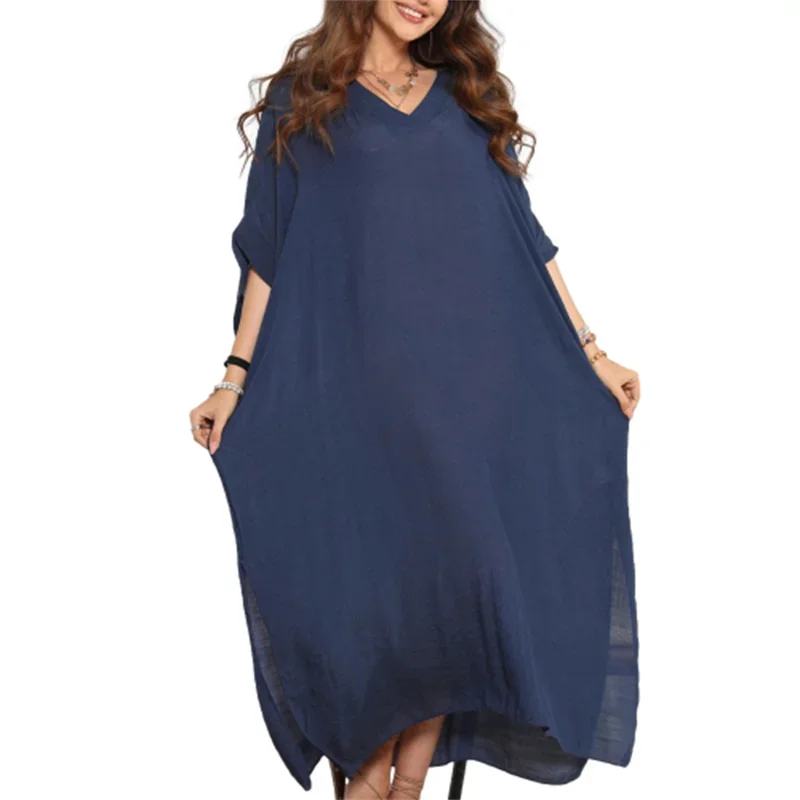 

Women Casual Holiday Beach Dress Split Hem Seaside Swimwear Solid Colours Loose Thin Beachwear Female V Neck Half Sleeve Ponchos