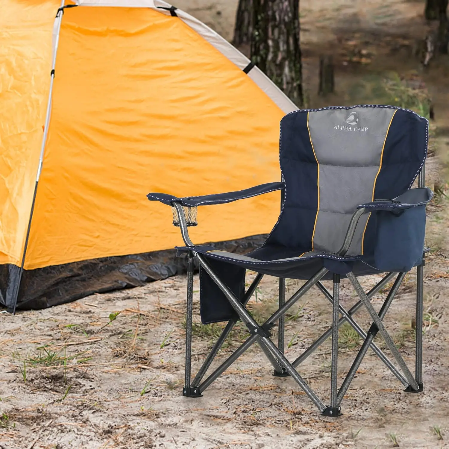 LET'S CAMP Folding Camping Chair Oversized Heavy Duty Padded Outdoor Chair with Cup Holder Storage and Cooler Bag, 450 LBS Weigh