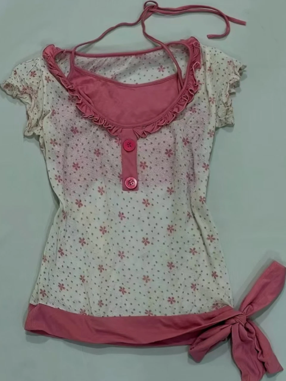 Y2K Sweet Spicy Girl Early Taste Floral Print Hanging Ne Belted Fake Two-Piece ort Sve T-irt Thin Transparent Cover ...