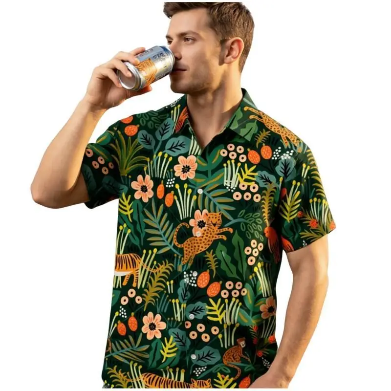 

Men Tropical Jungle Animal Print Hawaiian Shirt Short Sleeve Button Down Casual Loose Fit Beach Shirt For Summer Vacation Holida