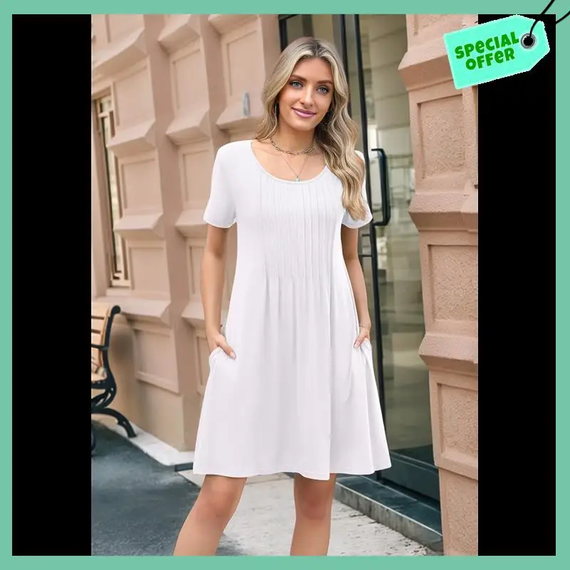 

Sturdy Womens Pleated Front Summer Dresses Casual Short Sleeve T Shirts Dress With Pockets Vacation Beach Cover Up