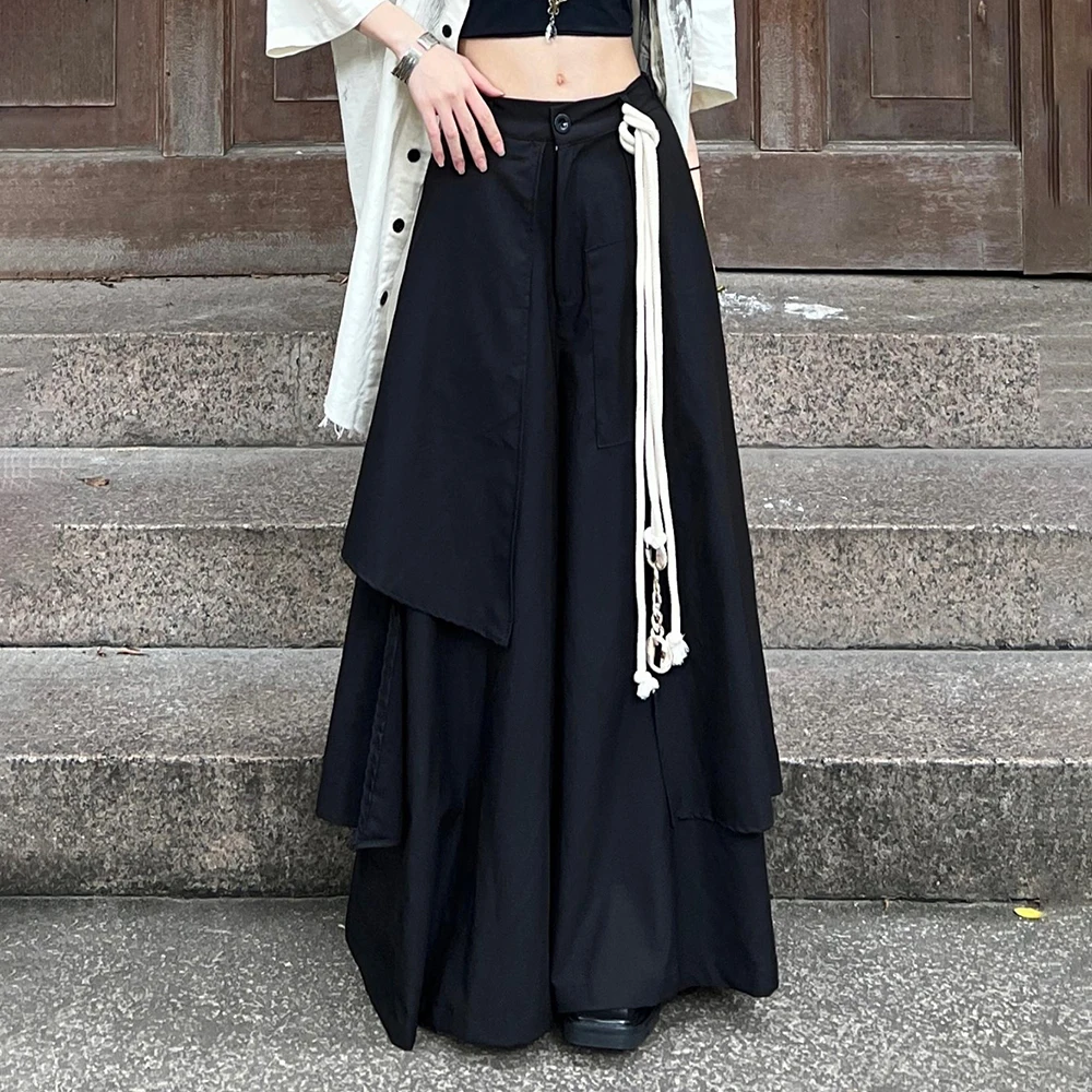 Y2k تنورة داكنة السراويل طبقة مزدوجة غير متناظرة الساموراي غير رسمية الجنس الشارع الشهير موضة القوطية واسعة الساق هاكاما للجنسين