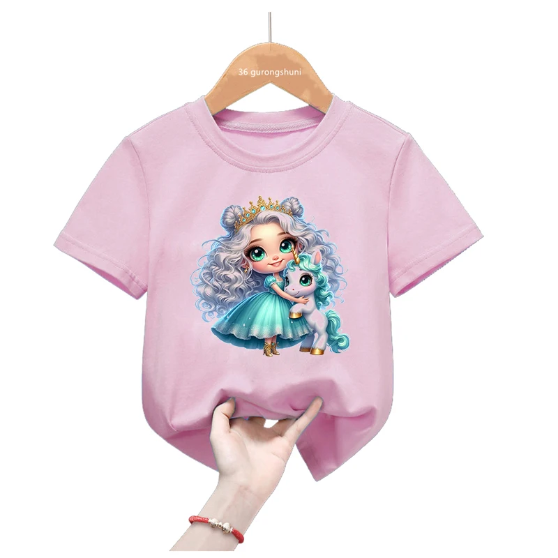 

Cute Blue Unicorn Princess Print Pink T Shirt For Girls Kawaii Kids Clothes Funny White T-Shirt Children'S Clothing Summer Tops