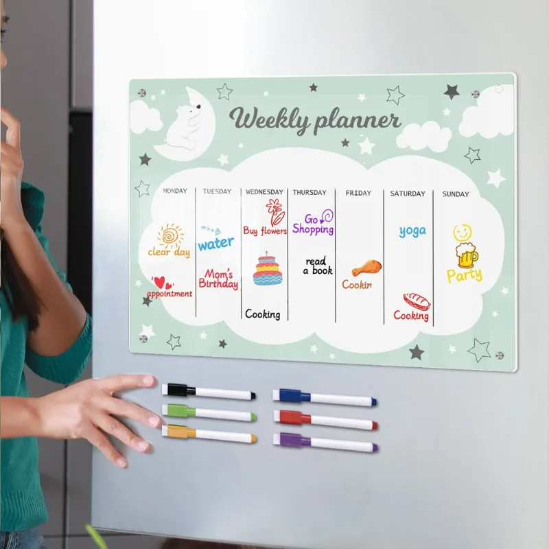 Weekly Planner Magnetic Whiteboard with 3D Cartoon Design and Erasable Function Whiteboard Calendar