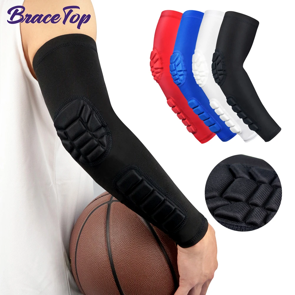 BraceTop 1 PCS Professional Sports Compression Arm Guard Sleeve Padded Elbow Forearm Sleeves Compression Arm Protective Support