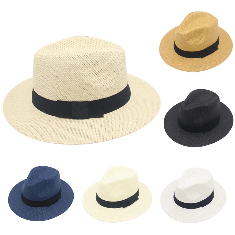 Women Men Black Ribbon Straw Hat Trendy Panama Summer Sun Hats Trilby Gangster Cap Beach Casual Jazz Hat Cowboy Travel Sunhat