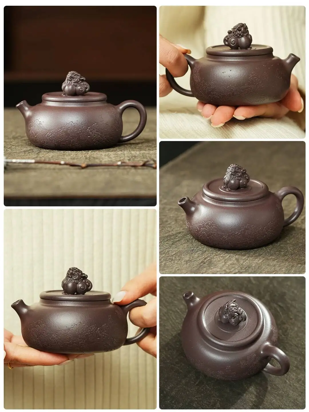 Yihu Chun High-End Teapot, Qing Lion Teapot 180Cc, Handmade By Famous Artist Cai Haiping, Original Purple Clay